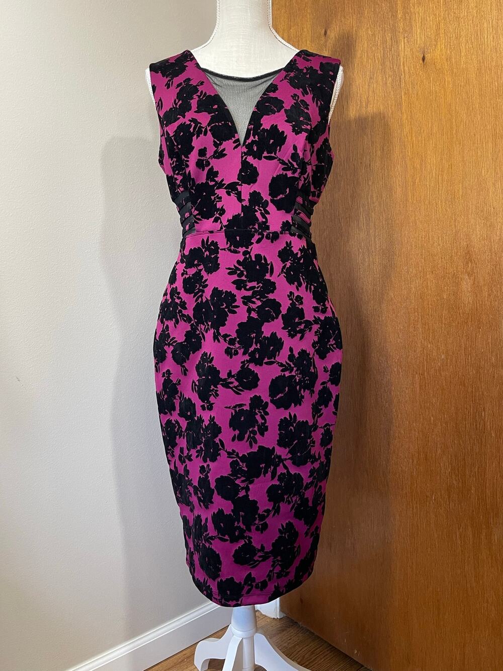 Goth Glam Magenta Black Velvet Floral Mesh Cutout Midi Bodycon Dress Size 10